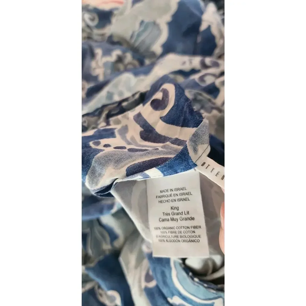 Pottery Barn Organic Cotton Blue Floral King Duvet Cover Euro Sham Set